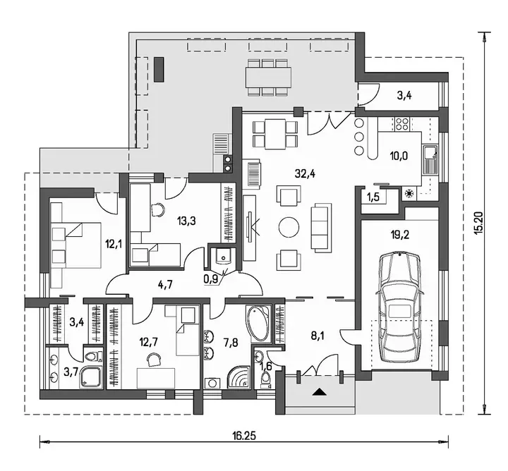 Moderní bungalov Linear 324 Přízemí